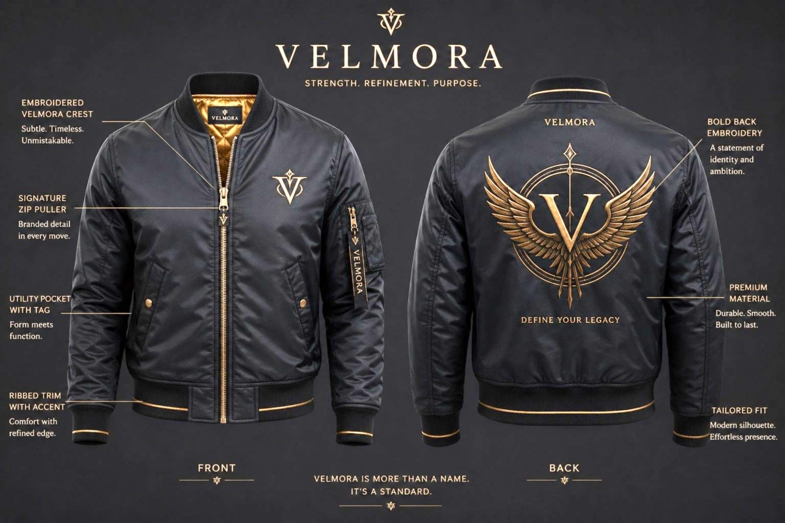 Velmora Bomber Jacket — Embroidered Crest & Define Your Legacy