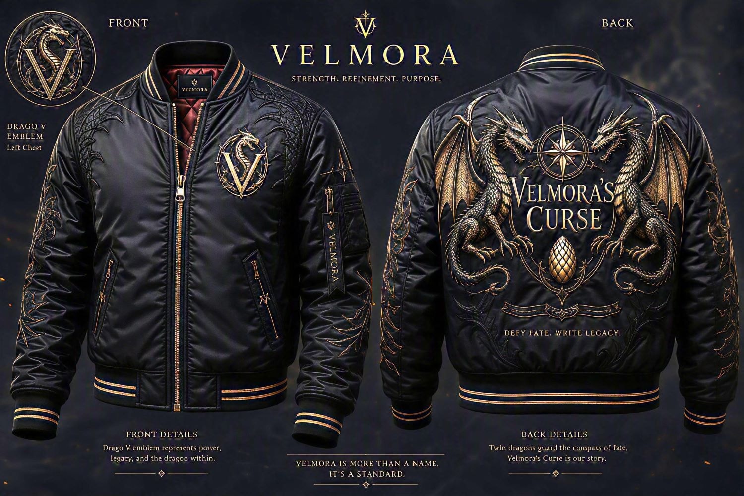 Velmora's Curse Bomber Jacket — Twin Dragons & Drago V Emblem