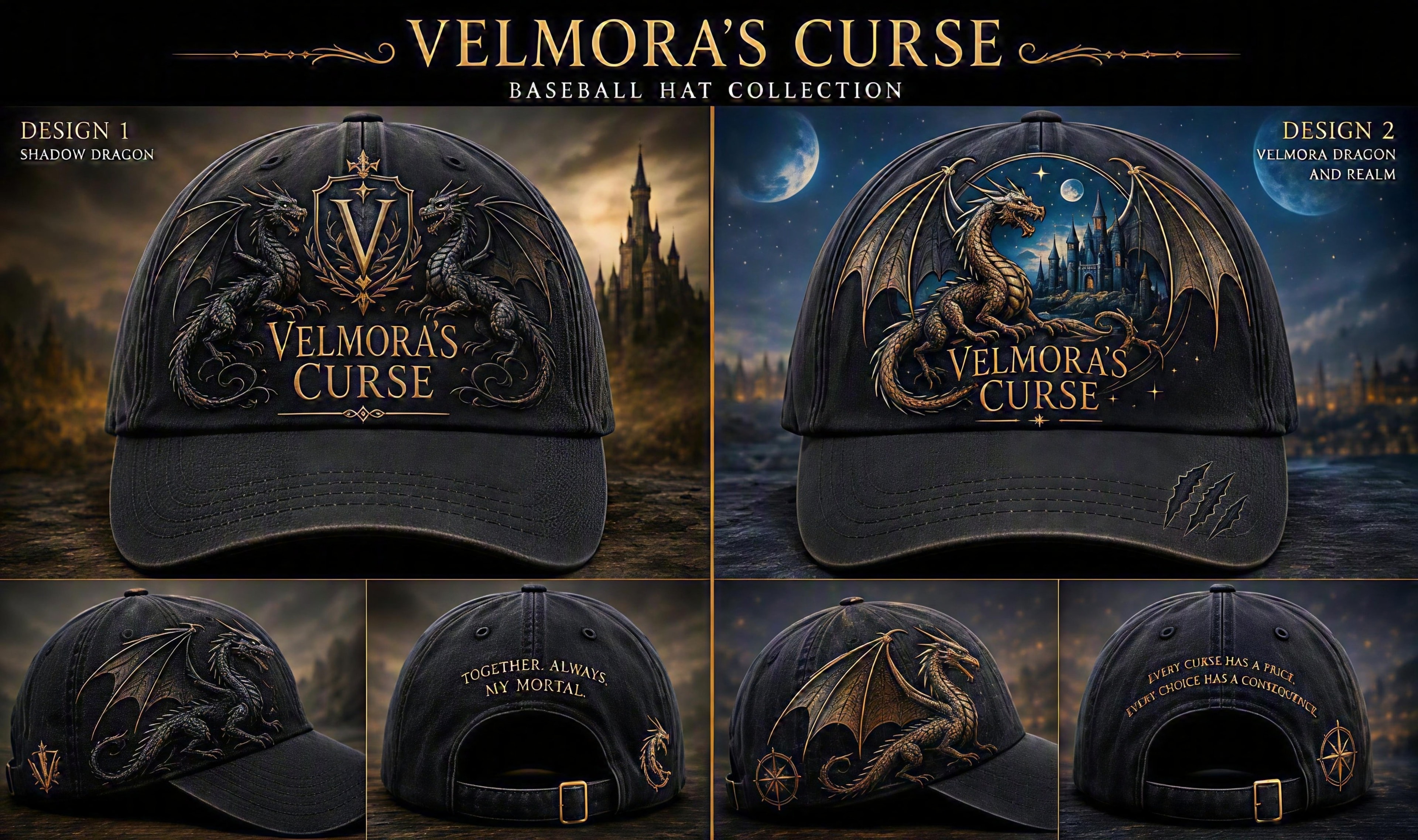 Velmora's Curse Baseball Hat Collection — Shadow Dragon & Velmora Dragon designs